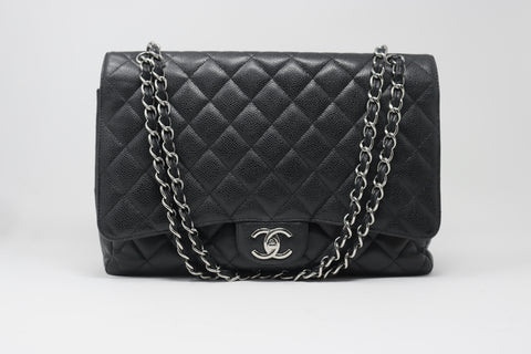 CHANEL 2010 Maxi Caviar Double Flap Bag Silver Hardware