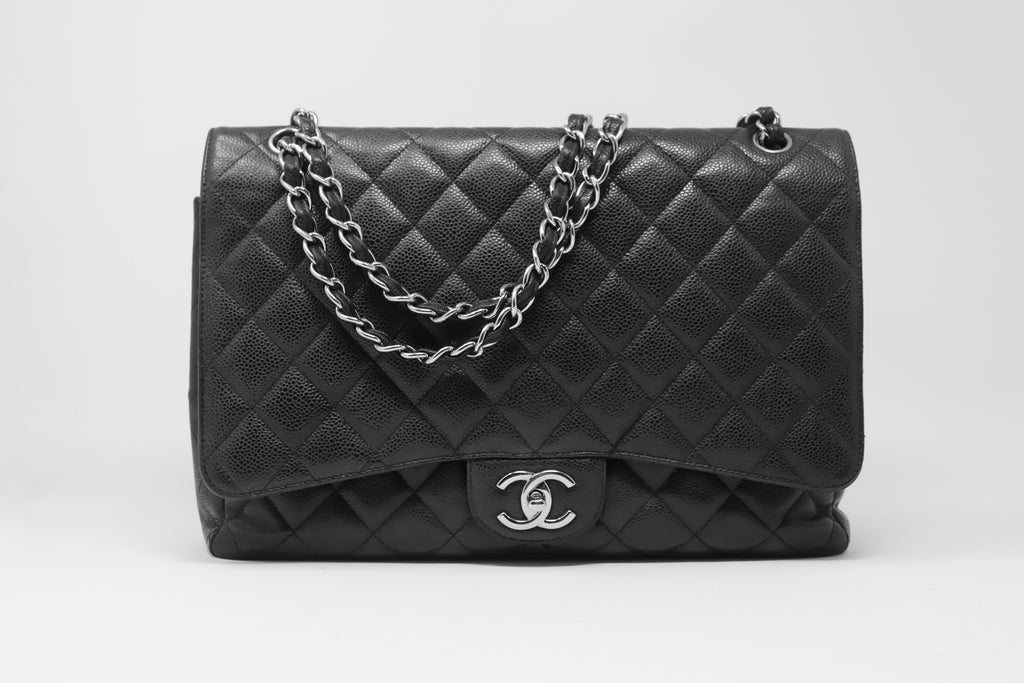 Authentic Chanel Black Lambskin Leather Quilted Single Flap Classic Maxi Bag