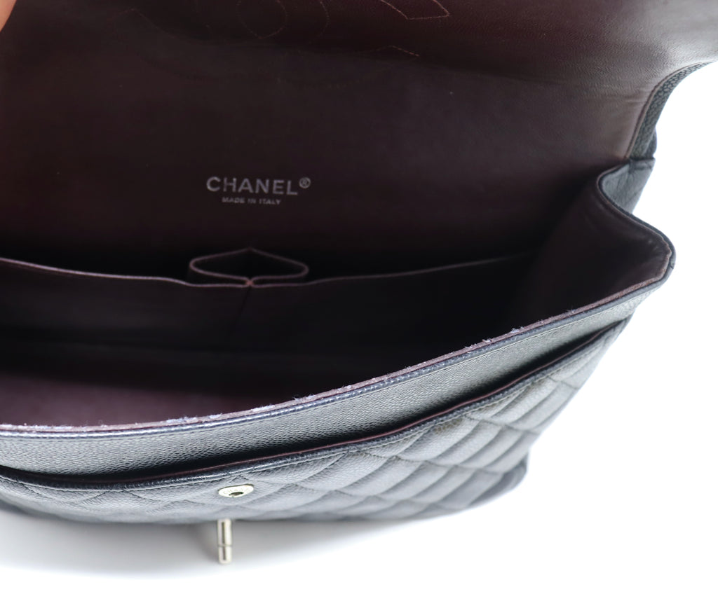 CHANEL 2010 Maxi Caviar Double Flap Bag Silver Hardware