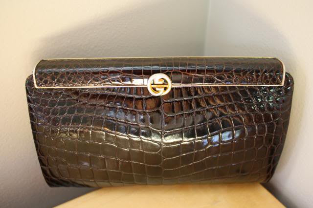 RARE Vintage Early 80's GUCCI Brown Alligator Frame Evening Bag Clutch with Gold GG, Dustbag, & Box