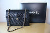 RARE vintage CHANEL Black Lacquered Woven Wicker Jumbo Flap Bag with Gold CC Clasp & Chain Straps with Box