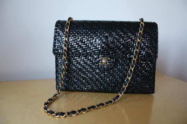 RARE vintage CHANEL Black Lacquered Woven Wicker Jumbo Flap Bag with G