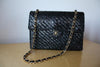 RARE vintage CHANEL Black Lacquered Woven Wicker Jumbo Flap Bag with Gold CC Clasp & Chain Straps with Box