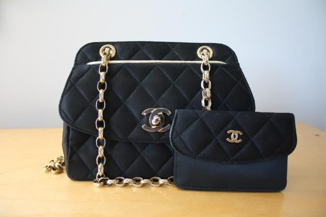 Vintage CHANEL Black Quilted Satin Evening Bag with Matching Change Pu