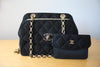 Vintage CHANEL Black Quilted Satin Evening Bag with Matching Change Purse, Bijoux Chain Shoulder Strap, Gold CC Clasps, & Gold Leather Trim