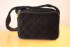 Vintage 1986-1988 CHANEL Classic Black Quilted Suede & Leather Camera Bag with CC & Rhinestone Zipper Pull