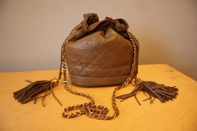 Vintage 1989-1991 CHANEL Taupe Quilted Leather Drawstring Bucket Bag with Chain Shoulder Strap & Double Tassels