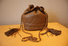 Vintage 1989-1991 CHANEL Taupe Quilted Leather Drawstring Bucket Bag with Chain Shoulder Strap & Double Tassels