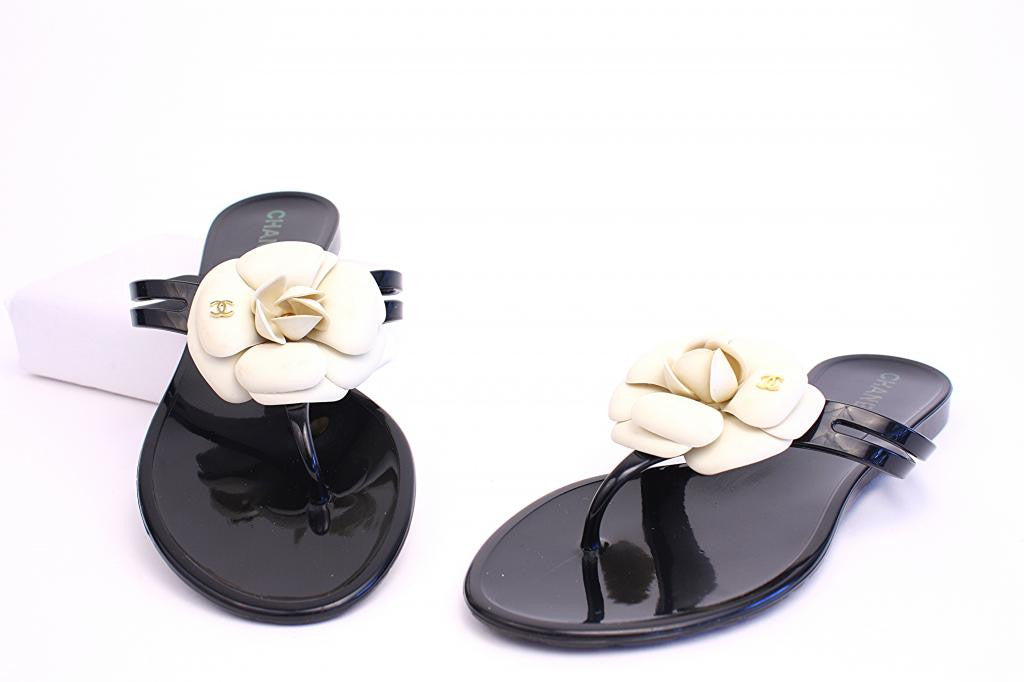 CHANEL Black Sandals w/White Camellia Flowers at Rice and Beans