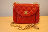 Vintage Early 80's CHANEL Red Quilted Leather Mini Double Flap Bag with Bijoux Chain Strap & Bijoux CC Clasp