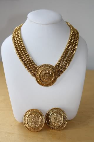Vintage 80's CHANEL Gold Plated Medallion Crest Necklace with Matching Earrings