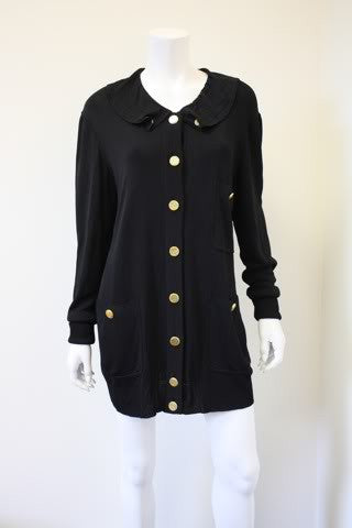 Vintage CHANEL Black Silk Cardigan Sweater Dress with 13 Hammered Gold Buttons & Ruffle Collar
