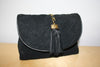 Vintage Mid 80's CHANEL Black Suede Quilted Flap Tassel HandBag w/ Suede & Chain Shoulder Strap, Quilted CC, Converts to Clutch