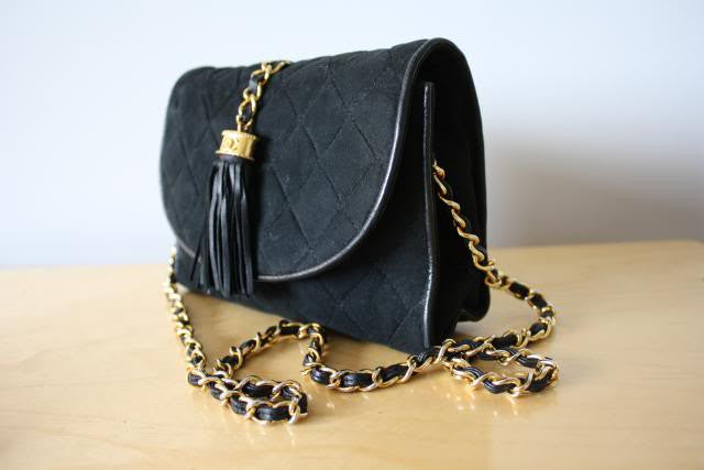 Vintage Mid 80's CHANEL Black Suede Quilted Flap Tassel HandBag w/ Suede & Chain Shoulder Strap, Quilted CC, Converts to Clutch