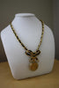 '95P CHANEL 24K Gold Plated Chain Link & Patent Leather Bow Necklace with COCO CHANEL Rhinestone Medallion & Box