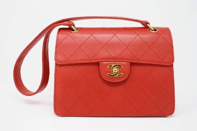 Chanel Vintage Chanel Red Caviar Leather Cosmetic Bag