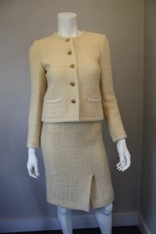 Vintage 80'S CHANEL Cream Boucle Wool Jacket & Skirt Suit with Lion He