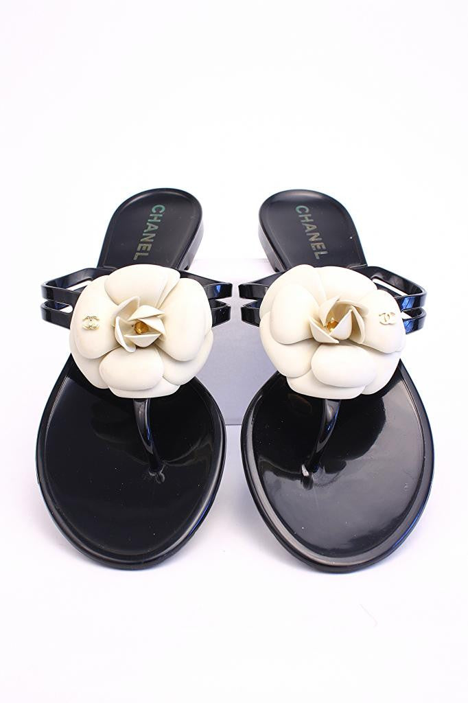 CHANEL Black Sandals w/White Camellia Flowers at Rice and Beans