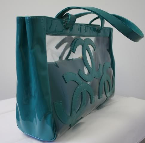 Vintage CHANEL Clear Vinyl & Turquoise Patent Leather CC Tote Bag