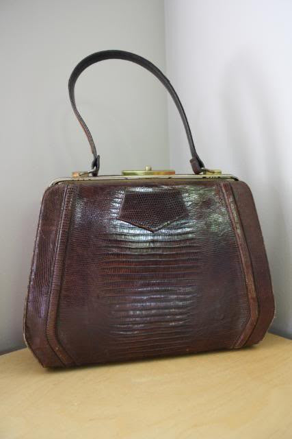 Vintage 60's Brown Lizard Skin Top Handle Purse Handbag