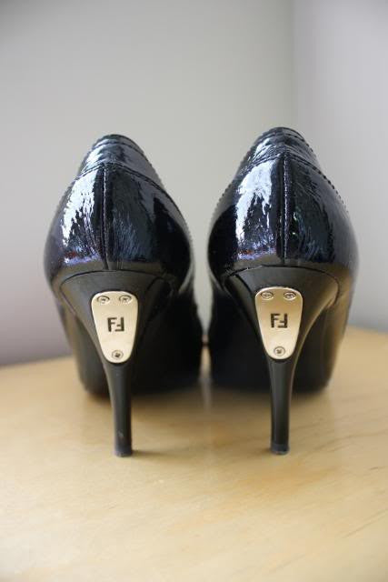 FENDI Black Patent Leather Pointy Toe Pumps with Silver FENDI Nameplate Heels with Dustbag & Box, sz 36.5