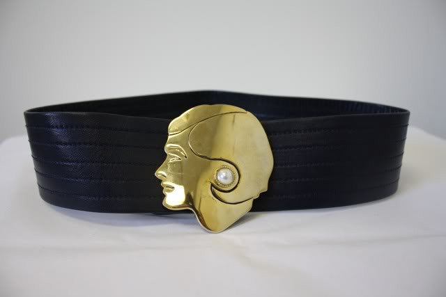 RARE Vintage 70's CHANEL Navy Blue Leather Belt with Large Gold COCO CHANEL Head Buckle with Pearl Earrings