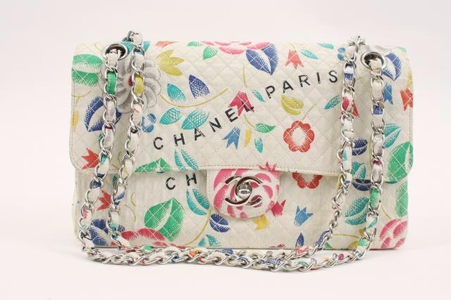 Rare Chanel 2003 Vintage Flower Rainbow Canvas Print Medium Classic Flap Bag 24K GHW
