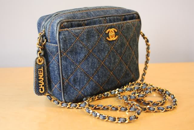 RARE 90's CHANEL Quilted Blue Demin Small Bag with Gold CC Clasp, CHANEL Nameplate Zipper Pull & Chain Strap