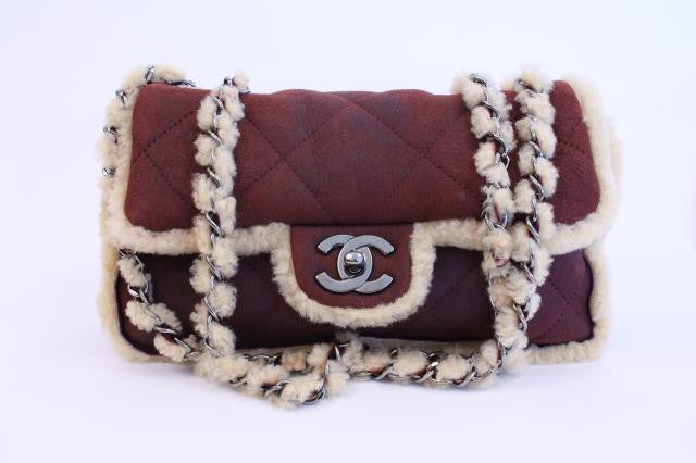 Rare Chanel Bordeaux Shearling Classic Flap Bag 