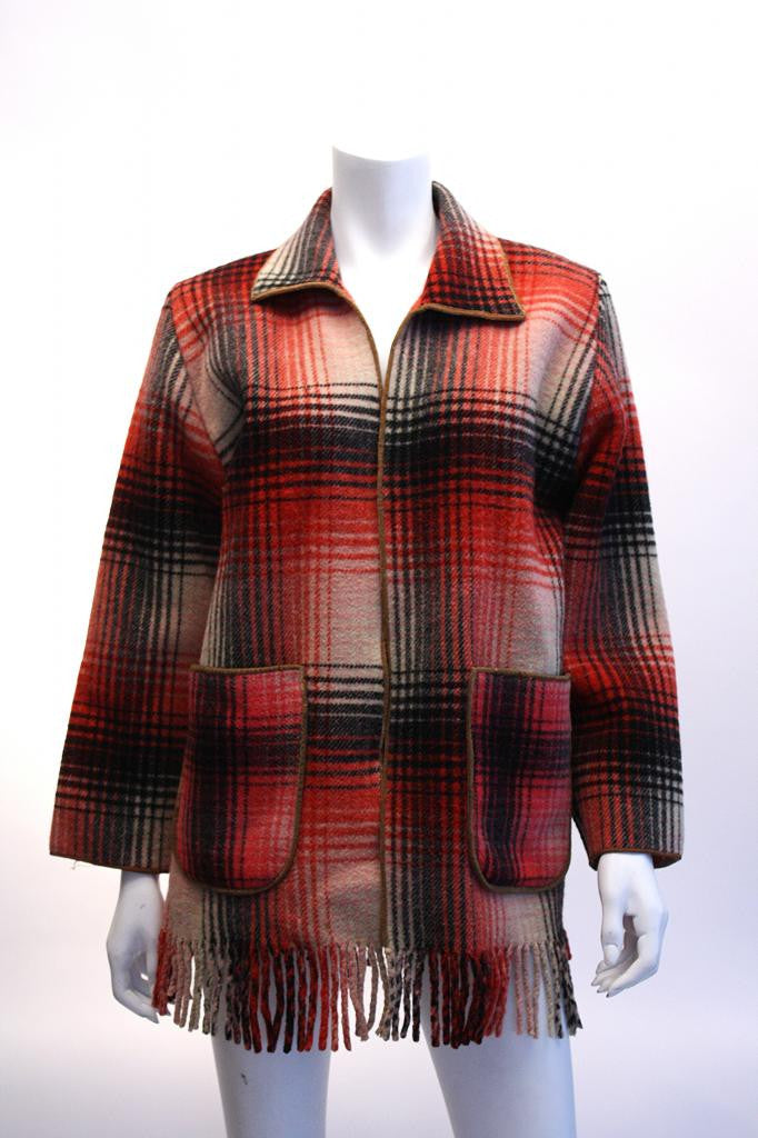 Vintage Plaid Wool Jacket with Fringe