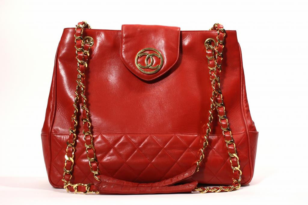 Vintage CHANEL Red Leather CC Tote Handbag at Rice and Beans Vintage