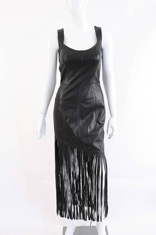 ESCADA Black Leather Dress with Fringe
