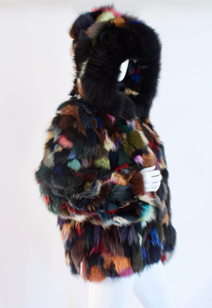 Vintage 80's Rainbow Fox Fur Coat With Hood