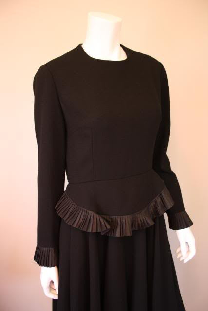 Vintage 60's GEOFFREY BEENE Black Wool 40's Inspired Dress with Ruffles at Waist & Cuffs