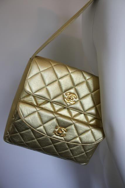 Gold Quilted Chanel Shoulder Bag with Double Flap