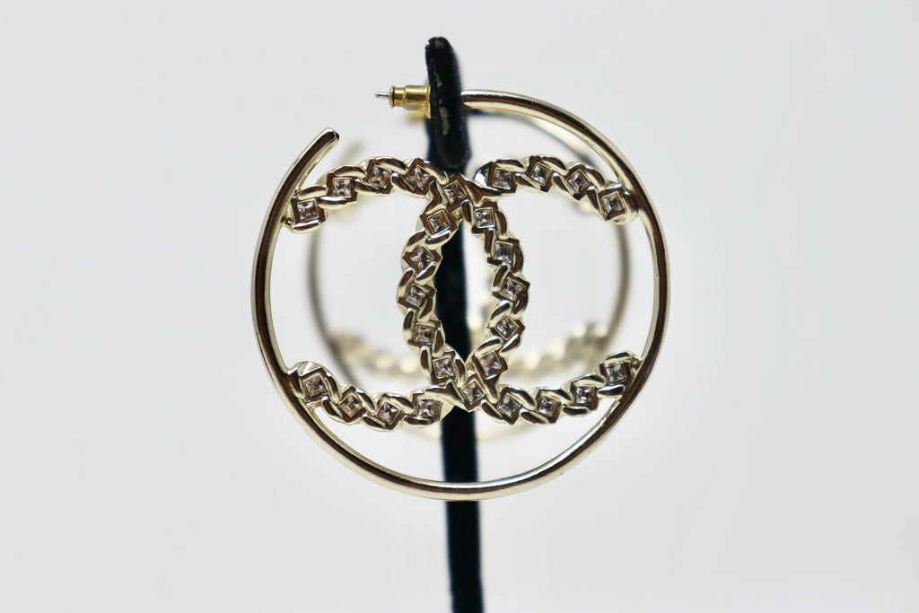 Rare CHANEL Large Rhinestone Logo Hoop Earrings
