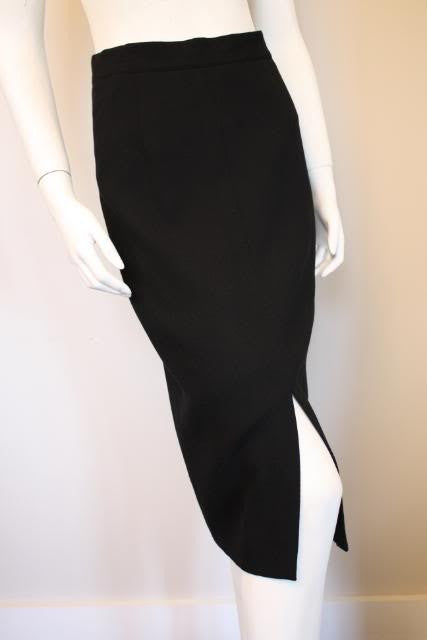 LOUIS FERAUD Black Wool Skirt with Velvet Front Panel & Pearl Button