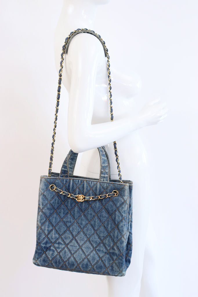 Rare Vintage Chanel 90'S Quilted Denim Bag At Rice And Beans Vintage