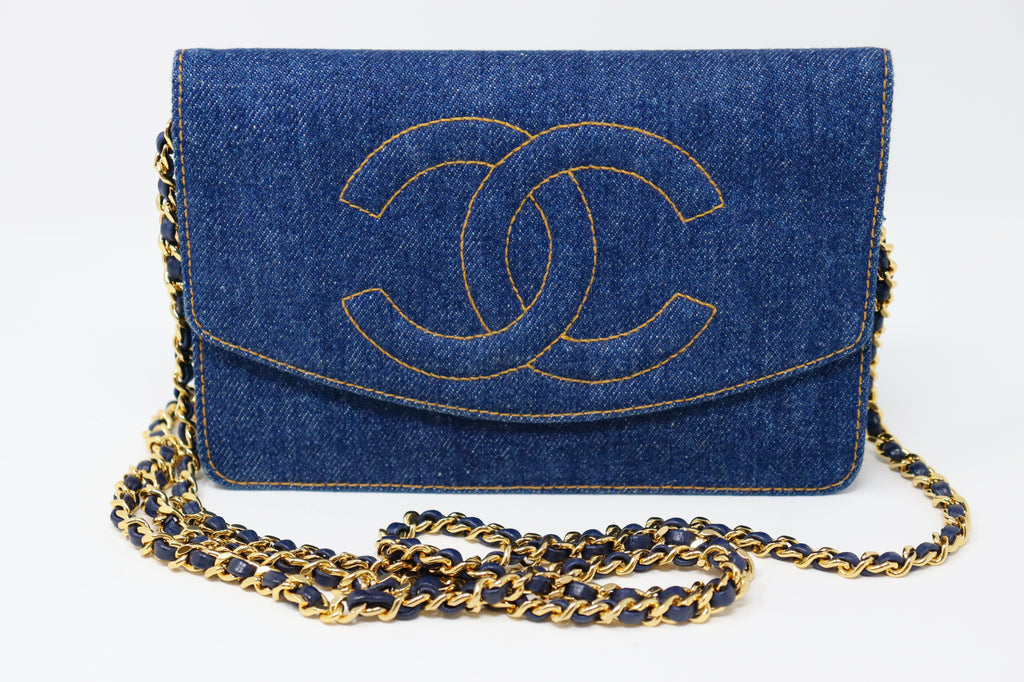 Vintage CHANEL Denim Wallet On A Chain WOC Bag at Rice and Beans Vintage