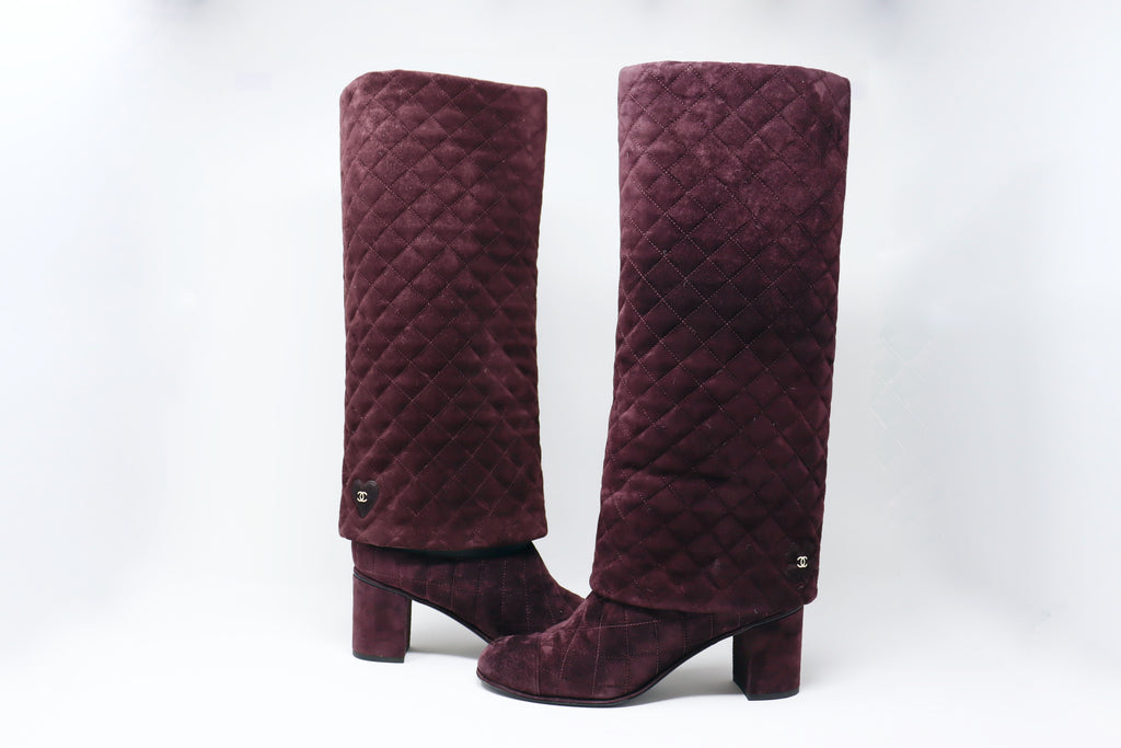 2017 CHANEL Quilted Purple Suede Boots at Rice and Beans Vintage