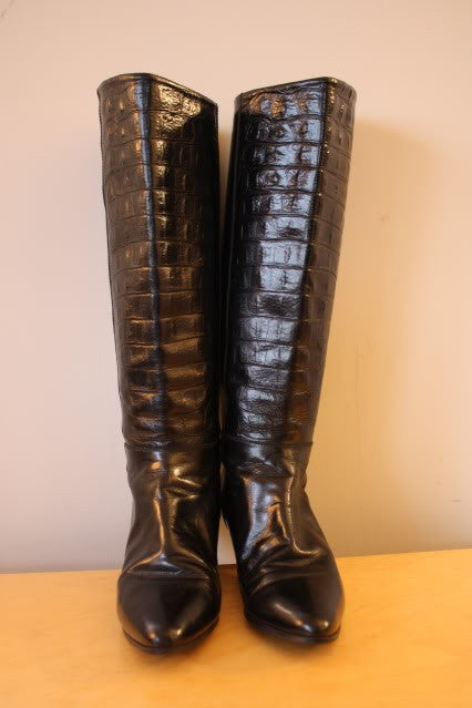 Vintage 70's CHARLES DAVID Black Leather & Alligator Embossed Leather Boots, sz 6.5