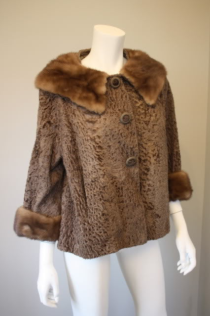 Vintage 60's Brown Sheared Persian Lamb Jacket with Chocolate Brown Mink Fur Collar & Cuffs