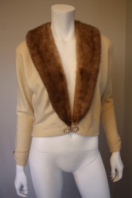 Vintage 60's Cream HADLEY Cashmere Sweater with Mink Fur Collar & Rhinestone Accents