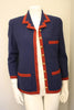 Vintage CHANEL Blue Boucle Jacket with Red Ribbon Trim & Rare Buttons