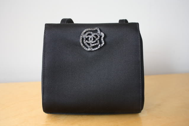 CHANEL Dark Grey Satin Evening Bag with Rhinestone CC Camellia Flower Accent