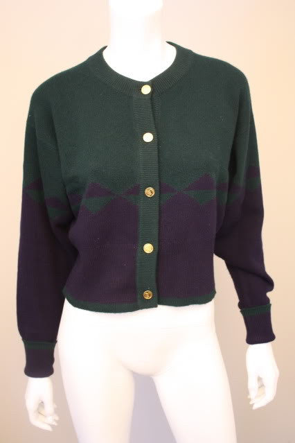 Vintage CHANEL  Green and Navy 100% Cashmere Cardigan Sweater with Gold Handbag Buttons