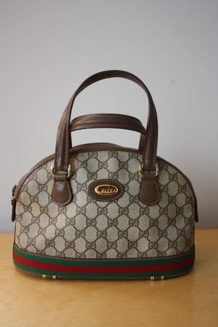 Vintage GUCCI Brown GG Monogram Coated Canvas Top Handle Doctor Bag with Leather Trim & Red & Green Stripe Detail