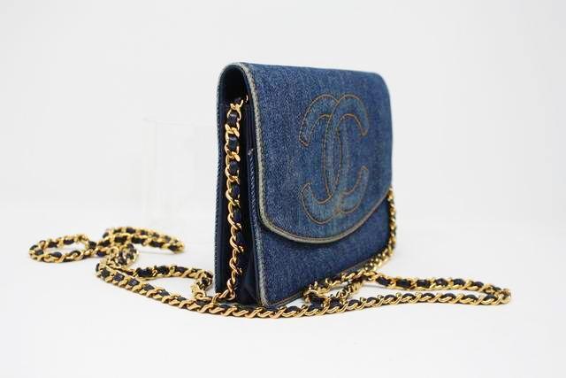 Chanel Chanel Blue Denim x Navy Leather Wallet On Chain Purse Gold