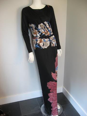 Vintage MAC TAC for LEONARD SUNSHINE Full Length Black & Floral Gown Dress with Belt