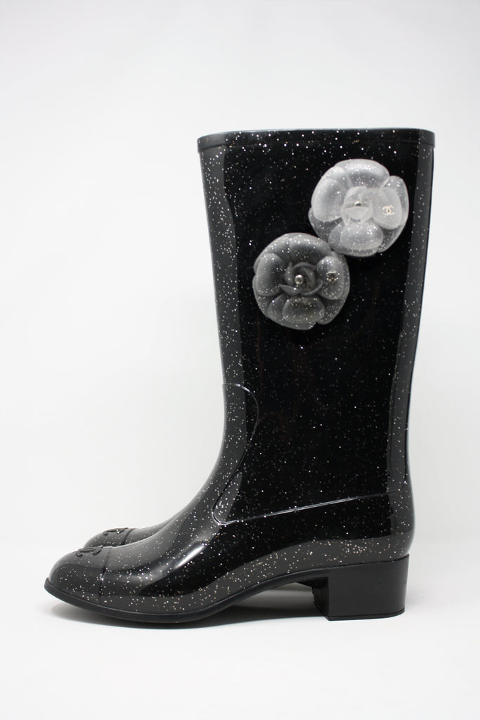New CHANEL Black Glitter Rain Boots at Rice and Beans Vintage
